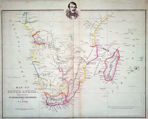 दक्षिण अफ्रीका का मानचित्र डॉ। लिविंगस्टोन की खोजों को दर्शाता है